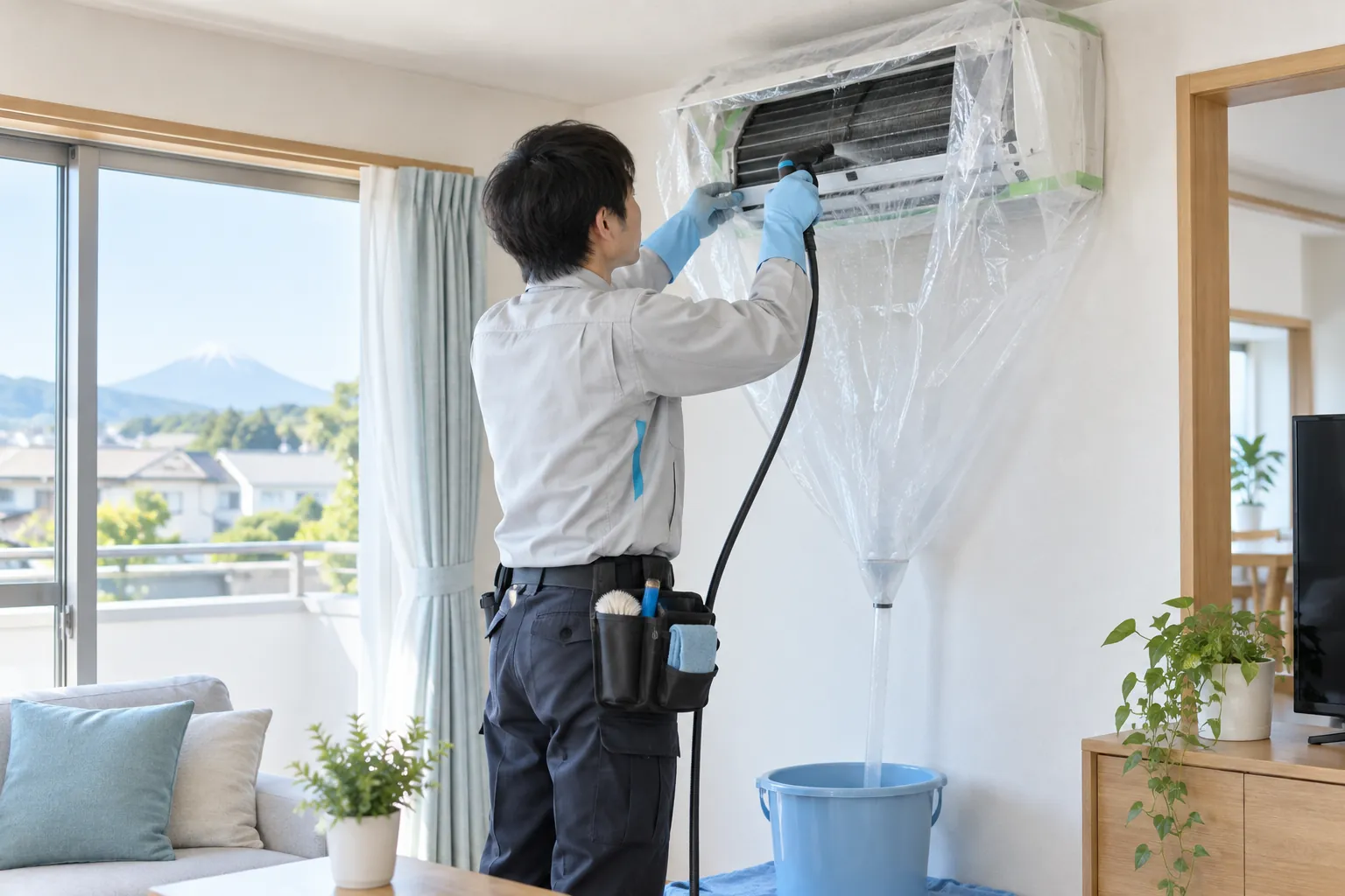 壁掛けエアコンを養生して洗浄するスタッフ