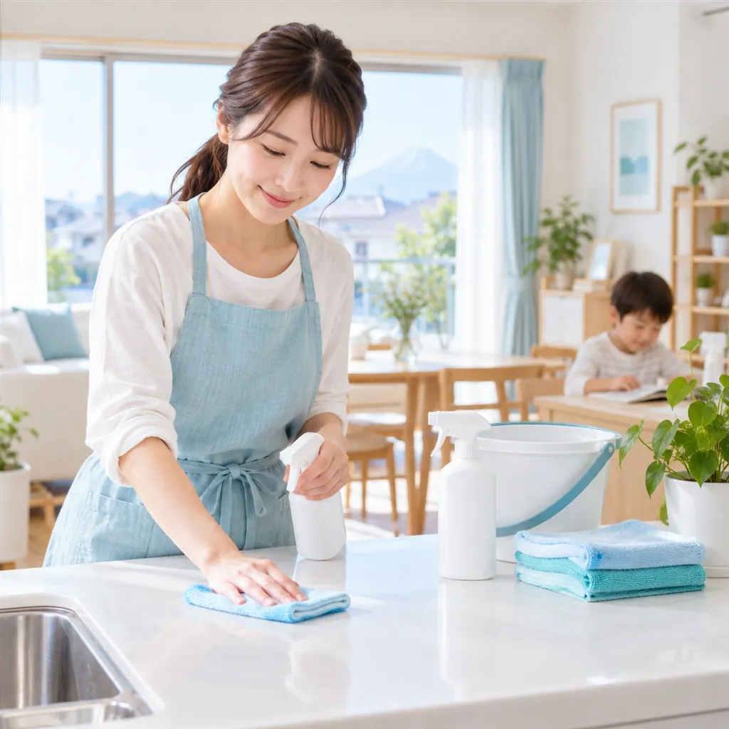 エコ洗剤とクロスでキッチンを拭く様子
