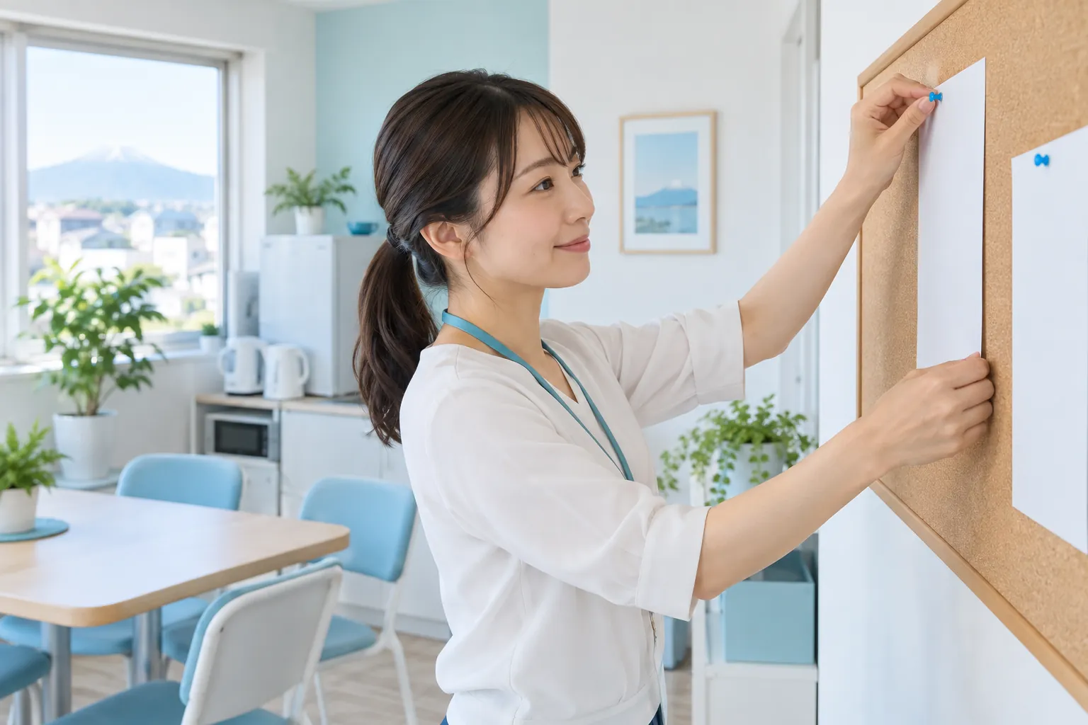 社内の掲示板に案内を貼る総務担当者