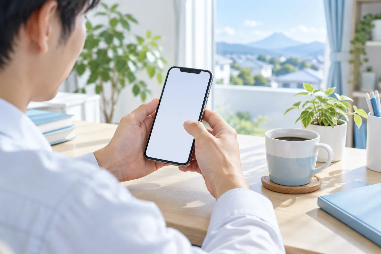 スマートフォンで清掃を予約する社員
